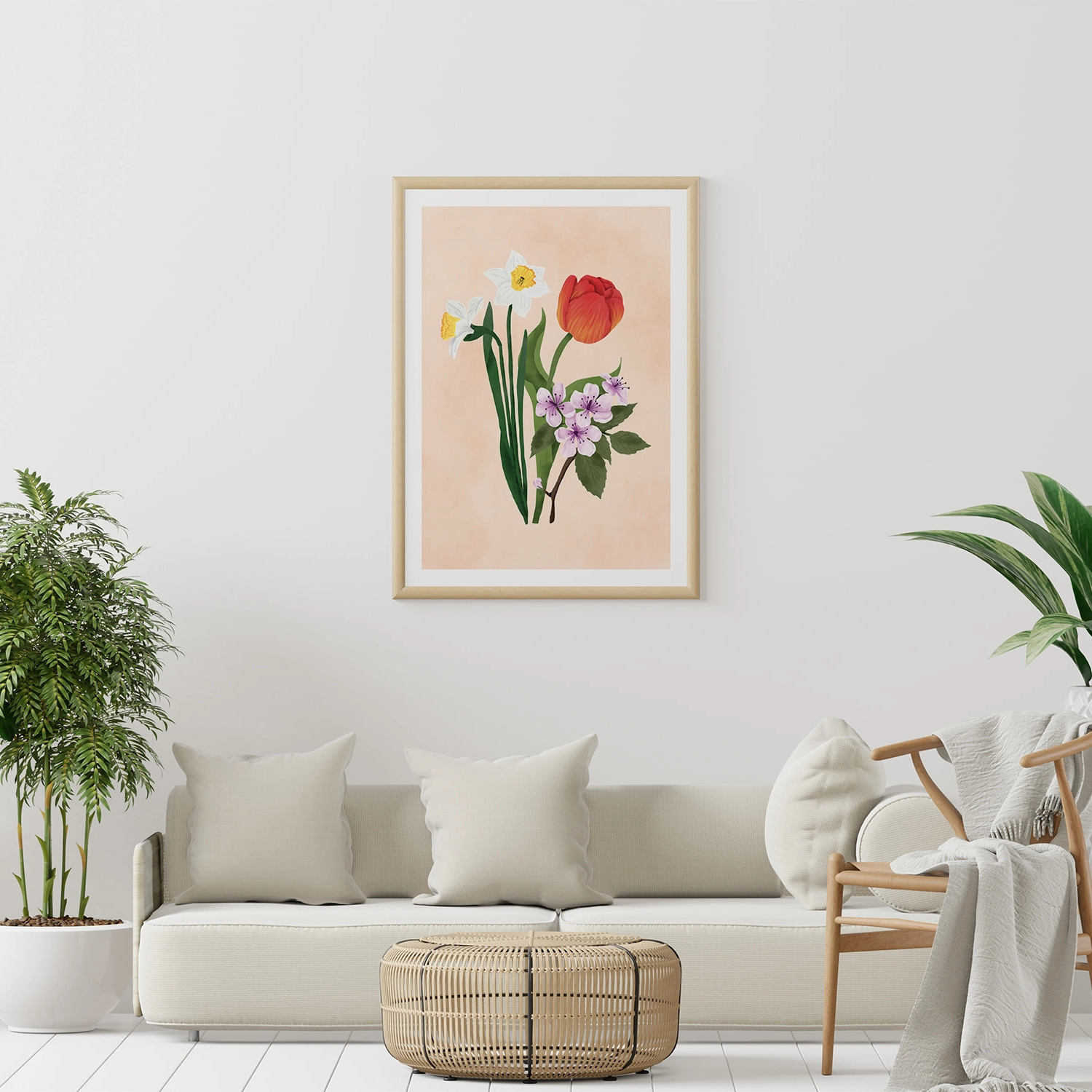 Illustration of daffodill, cherry flowers and tulip in digital watercolor style.