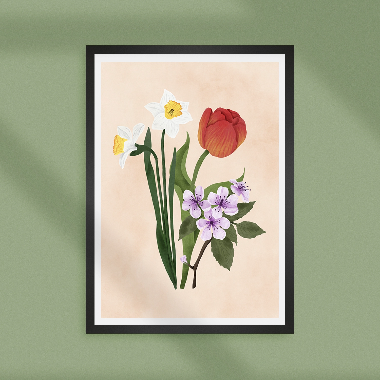 March flowers_Store image mockup Illustration of daffodill, cherry flowers and tulip in digital watercolor style.