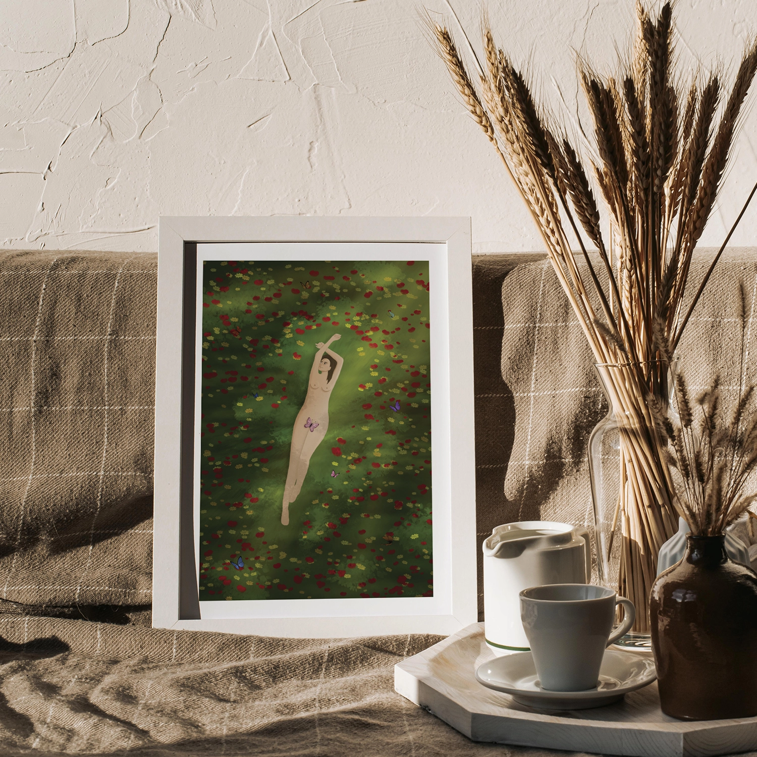 Illustration of a woman laying in a flowers field.