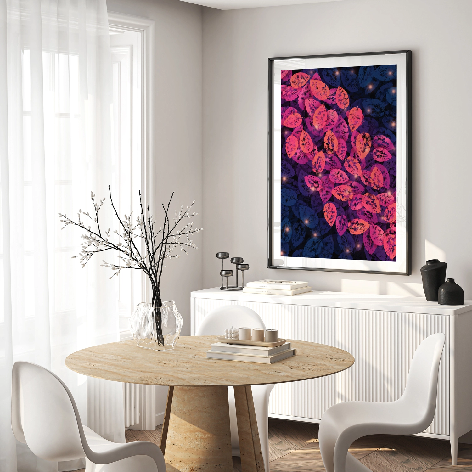 Illustration of blue and vibrant colors leaves.