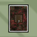 Illustration of a cat at window surrounded by flowers