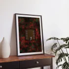 Illustration of a cat at window surrounded by flowers