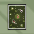 Illustration of a woman laying on a lilypad in a pond with koi fish.