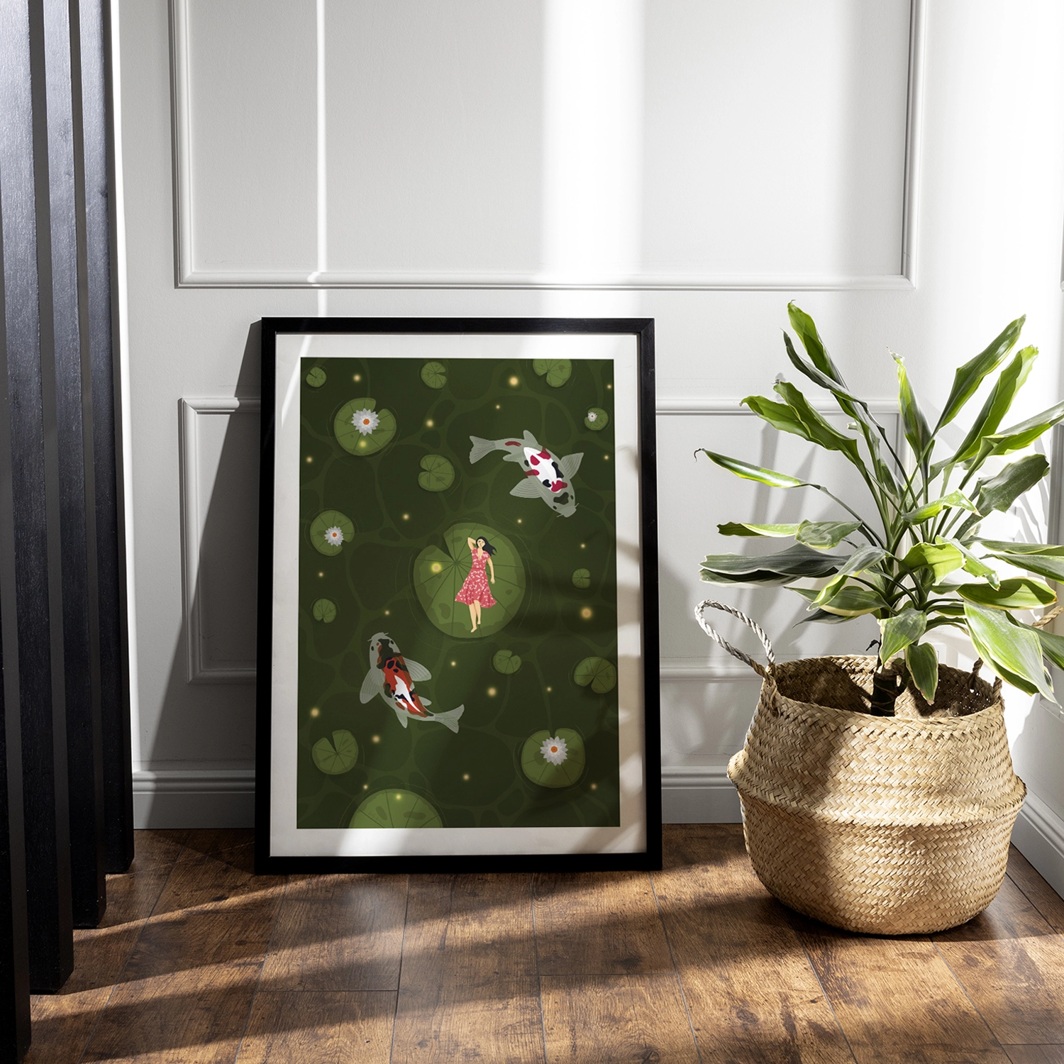 Illustration of a woman laying on a lilypad in a pond with koi fish.