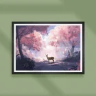 Illustration of a deer in the middle of a cherry blossom forest.