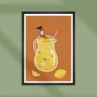 Illustration of a woman sitting on the edge of a carafe with lemonade.