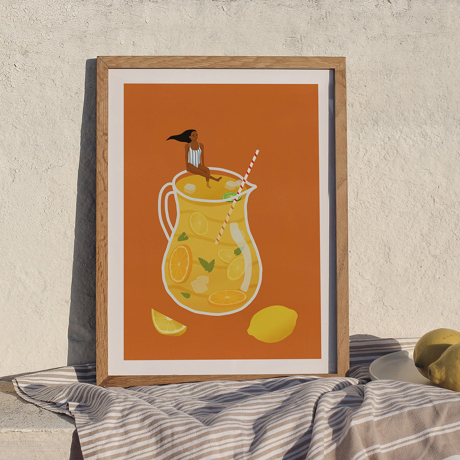 Illustration of a woman sitting on the edge of a carafe with lemonade.