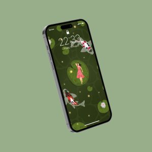 Illustration of a woman laying on a lilypad in a pond with koi fish.