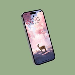 Illustration of a deer in the middle of a cherry blossom forest.