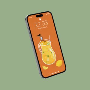 Illustration of a woman sitting on the edge of a carafe with lemonade.