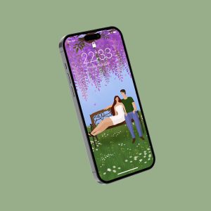 Illustration of a couple seating on a bench under wisteria.