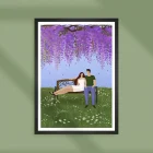 Illustration of a couple seating on a bench under wisteria.