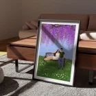 Illustration of a couple seating on a bench under wisteria.