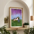 Illustration of a couple seating on a bench under wisteria.