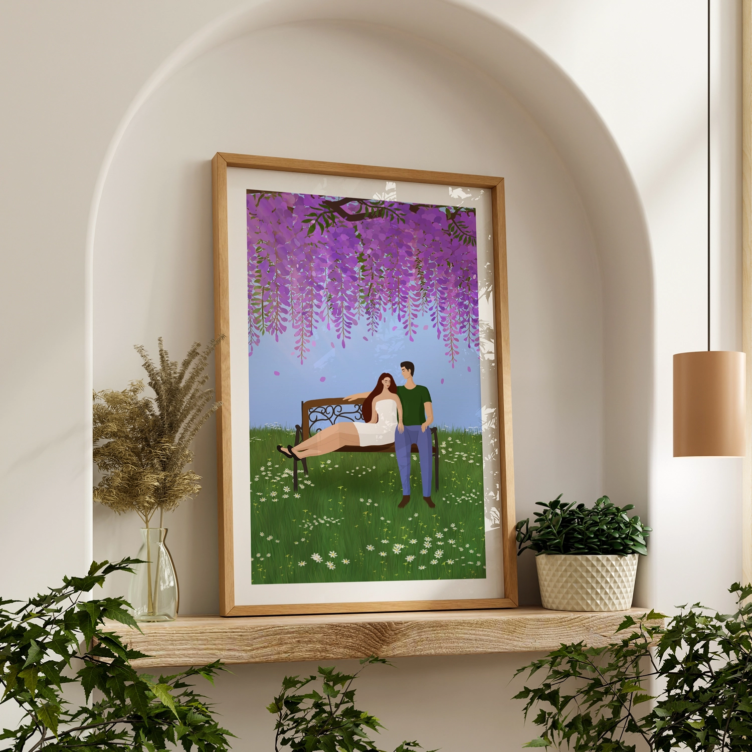 Illustration of a couple seating on a bench under wisteria.
