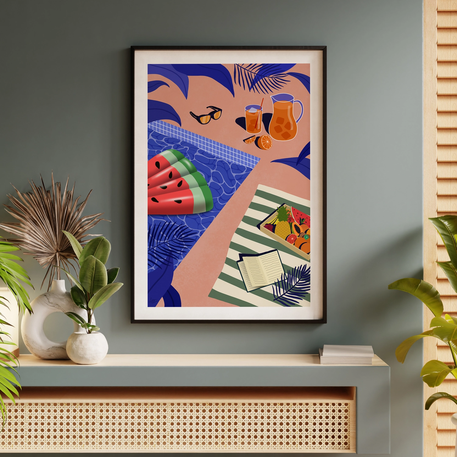 Illustration of a relaxing pool with citrus juice and fruits to enjoy in a hot summer.