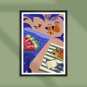 Illustration of a relaxing pool with citrus juice and fruits to enjoy in a hot summer.